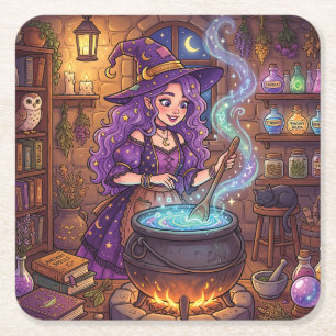 Cartoon Witch Making Love Potion Square Paper Coaster