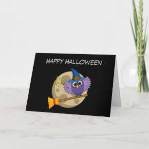 Cartoon Wizard Owl Flying on Broom Add Your Text Card