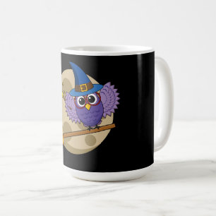 Cartoon Wizard Owl Flying on Broom Coffee Mug