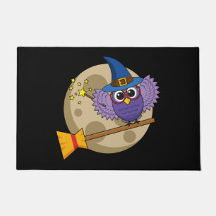 Cartoon Wizard Owl Flying on Broom Doormat
