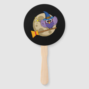Cartoon Wizard Owl Flying on Broom Hand Fan