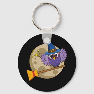 Cartoon Wizard Owl Flying on Broom Key Ring