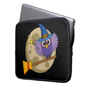 Cartoon Wizard Owl Flying on Broom Laptop Sleeve