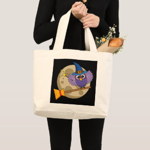 Cartoon Wizard Owl Flying on Broom Large Tote Bag