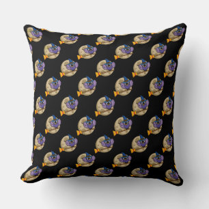 Cartoon Wizard Owl Flying on Broom Pattern Cushion