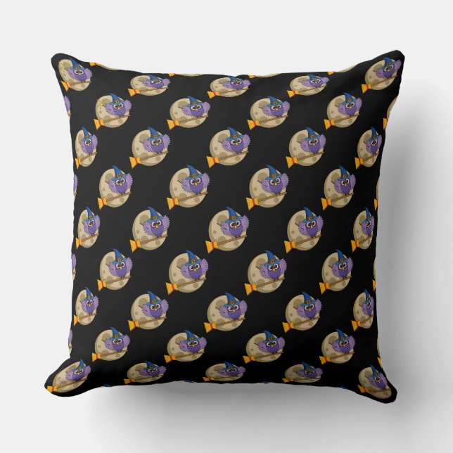 Cartoon Wizard Owl Flying on Broom Pattern Cushion (Front)