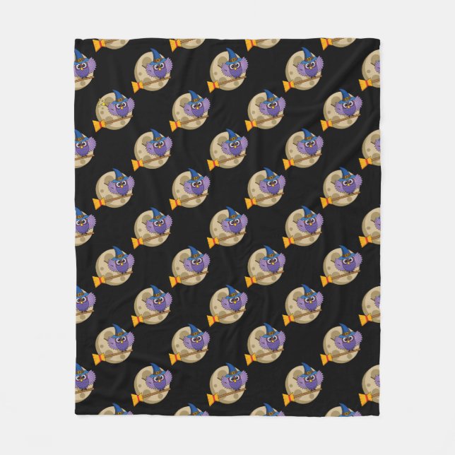 Cartoon Wizard Owl Flying on Broom Pattern Fleece Blanket (Front)