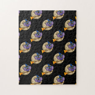 Cartoon Wizard Owl Flying on Broom Pattern Jigsaw Puzzle