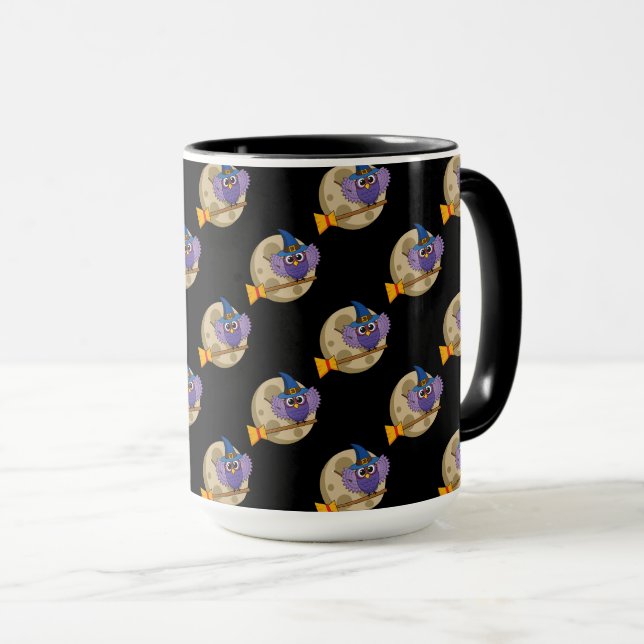 Cartoon Wizard Owl Flying on Broom Pattern Mug (Front Right)
