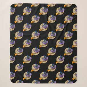 Cartoon Wizard Owl Flying on Broom Pattern Sherpa Blanket