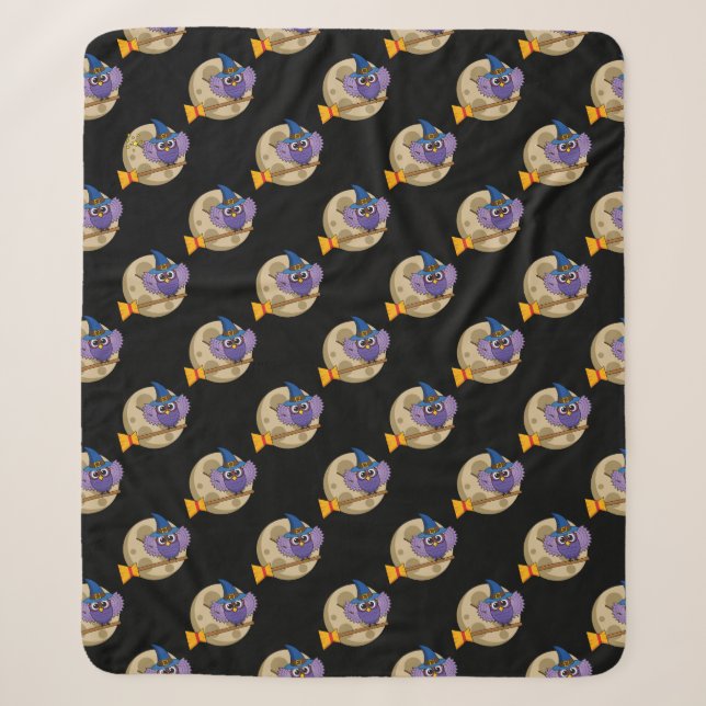 Cartoon Wizard Owl Flying on Broom Pattern Sherpa Blanket (Front)