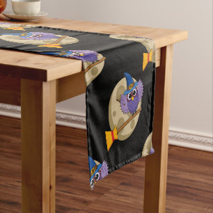 Cartoon Wizard Owl Flying on Broom Pattern Short Table Runner