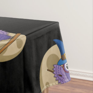 Cartoon Wizard Owl Flying on Broom Pattern Tablecloth