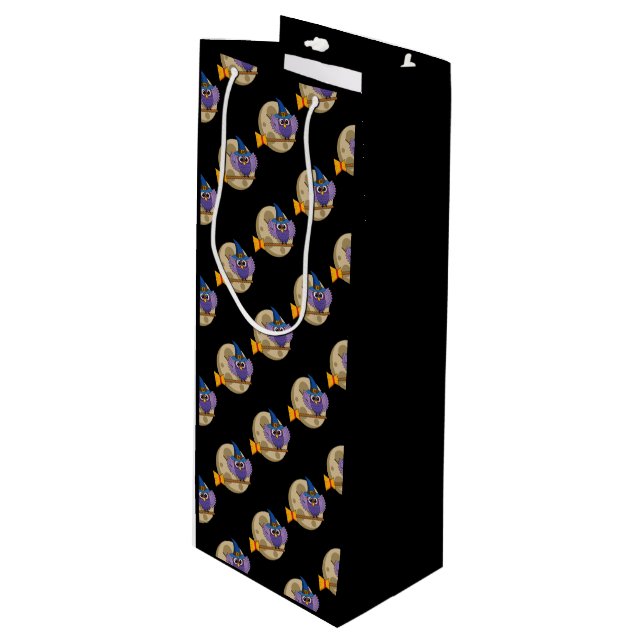 Cartoon Wizard Owl Flying on Broom Pattern Wine Gift Bag (Front Angled)