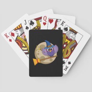 Cartoon Wizard Owl Flying on Broom Playing Cards