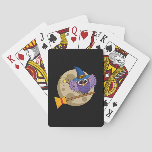 Cartoon Wizard Owl Flying on Broom Playing Cards (Back)