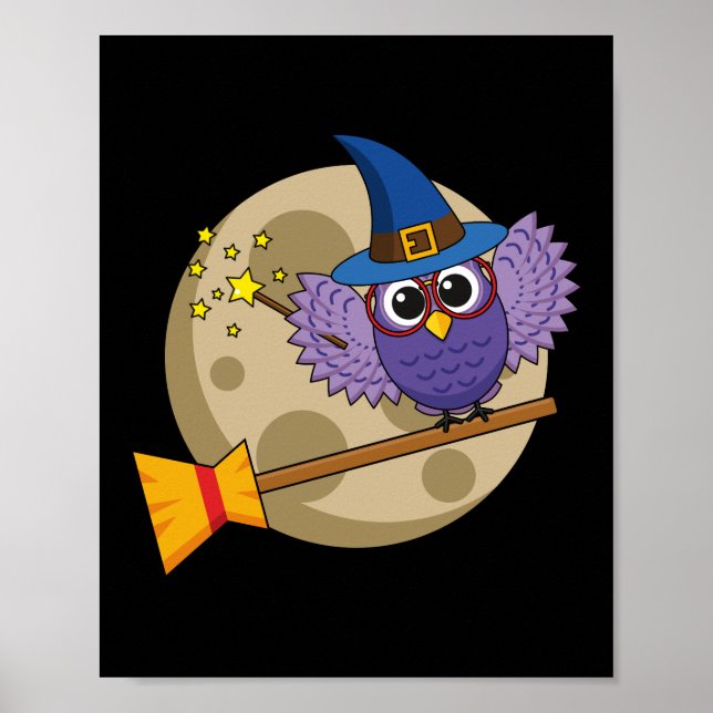 Cartoon Wizard Owl Flying on Broom Poster (Front)