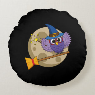 Cartoon Wizard Owl Flying on Broom Round Cushion