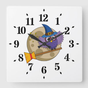 Cartoon Wizard Owl Flying on Broom Square Wall Clock