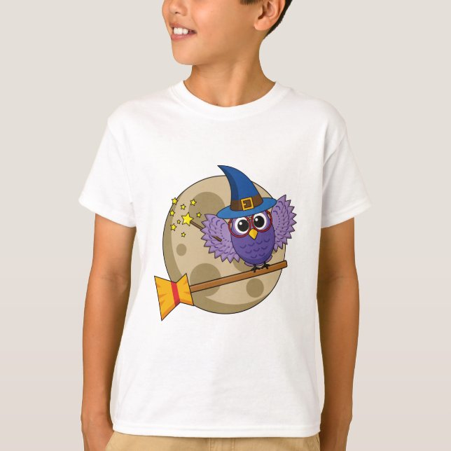 Cartoon Wizard Owl Flying on Broom T-Shirt (Front)