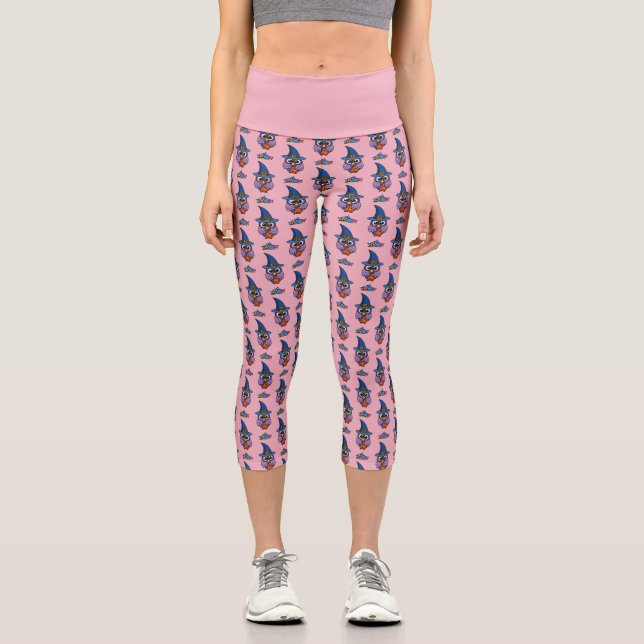 Cartoon Wizard Owl Pattern Capri Leggings (Front)