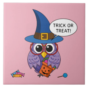 Cartoon Wizard Owl - Trick or Treat Ceramic Tile