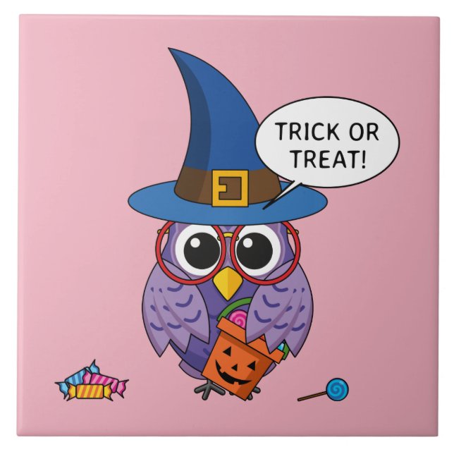 Cartoon Wizard Owl - Trick or Treat Ceramic Tile (Front)