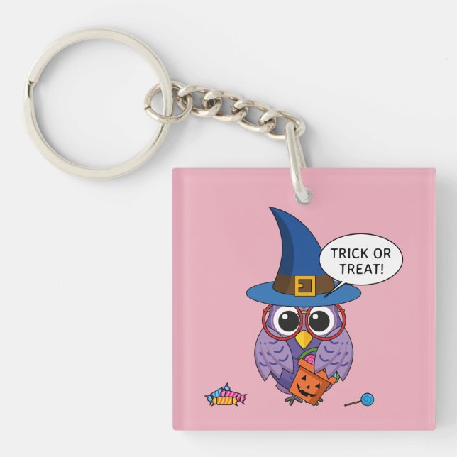Cartoon Wizard Owl - Trick or Treat Key Ring (Front)