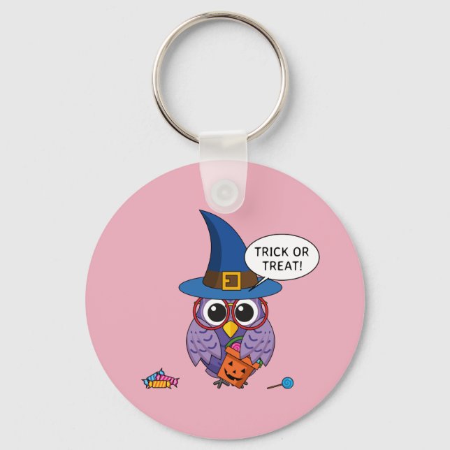 Cartoon Wizard Owl - Trick or Treat Key Ring (Front)