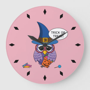 Cartoon Wizard Owl - Trick or Treat Large Clock
