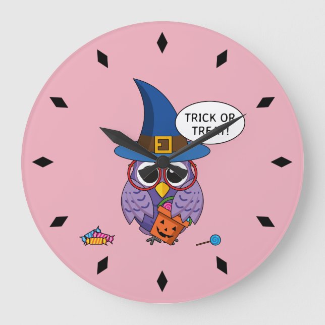 Cartoon Wizard Owl - Trick or Treat Large Clock (Front)