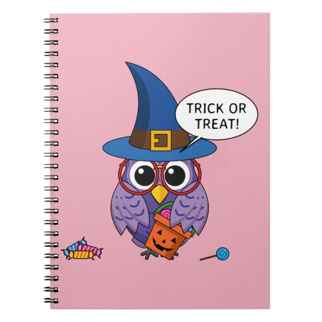 Cartoon Wizard Owl - Trick or Treat Notebook (Front)
