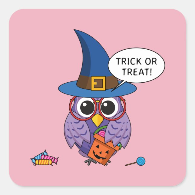 Cartoon Wizard Owl - Trick or Treat Square Sticker (Front)
