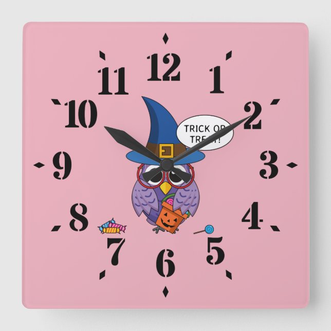 Cartoon Wizard Owl - Trick or Treat Square Wall Clock (Front)