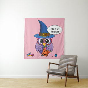 Cartoon Wizard Owl - Trick or Treat Tapestry