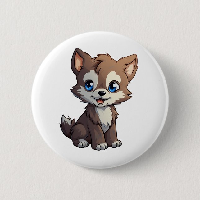 Cartoon wolf illustration 6 cm round badge (Front)