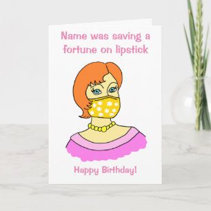 Cartoon Woman Face Mask Lipstick Birthday Card