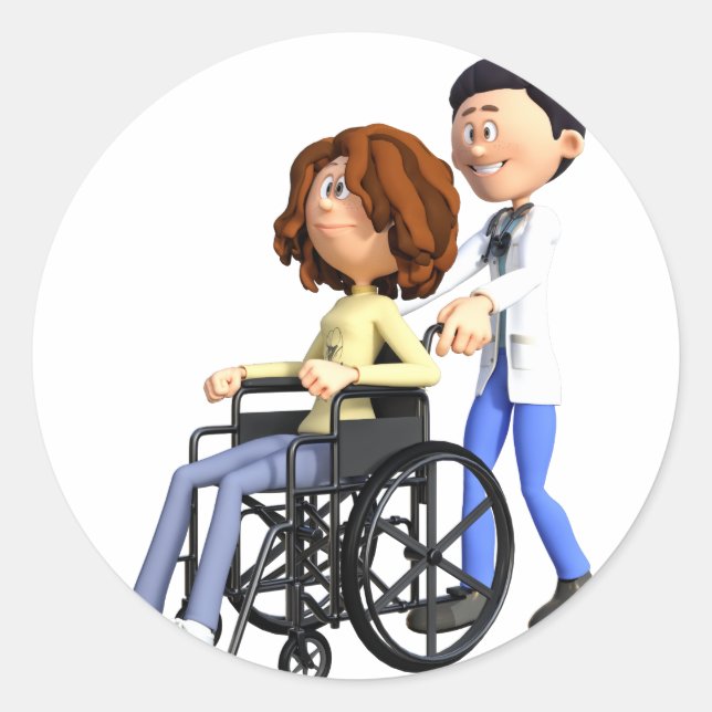 Cartoon Woman in Wheelchair with Doctor Classic Round Sticker (Front)