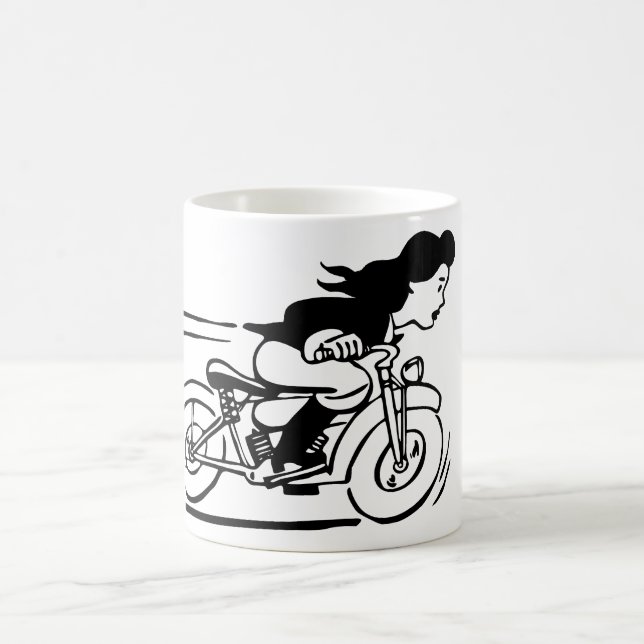 Cartoon Woman Riding Motorcycle Biker Chick Art Coffee Mug (Center)