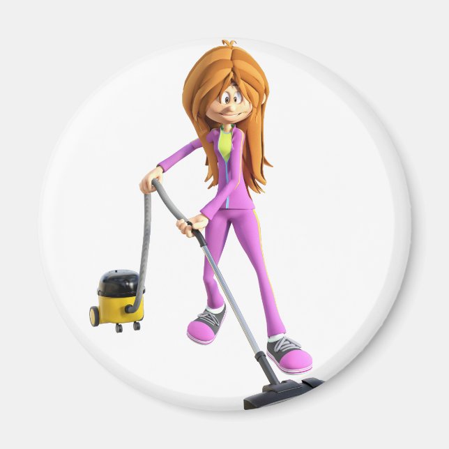 Cartoon Woman Using A Vacuum Magnet (Front)