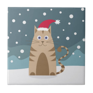 Cartoon xmas cat wearing santa hat in snow ceramic tile