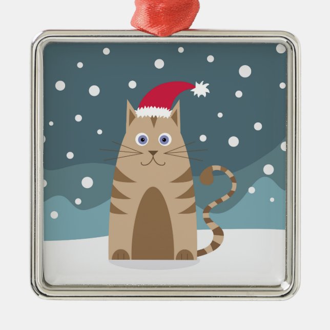 Cartoon xmas cat wearing santa hat in snow  metal ornament (Front)