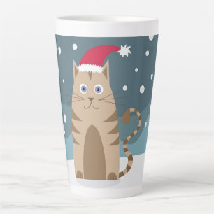 Cartoon xmas cat wearing santa hat in snowflakes latte mug