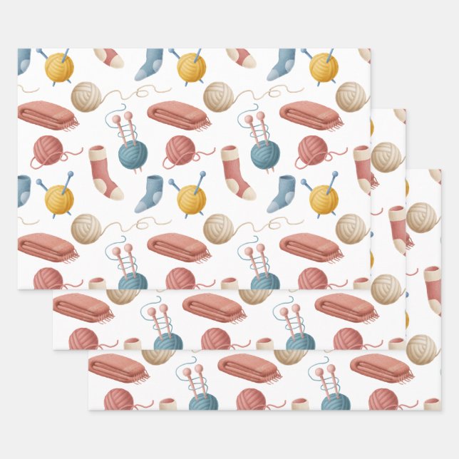 Cartoon Yarn, Blankets, and Socks Wrapping Paper Sheet (Set)