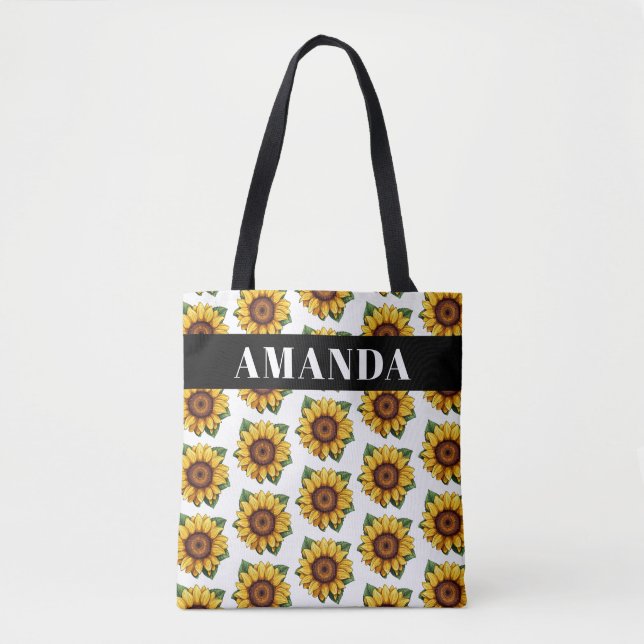 Cartoon Yellow Custom Name Sunflower Pattern Tote Bag (Front)