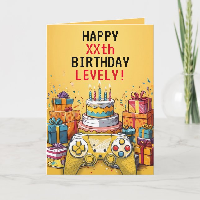 Cartoon Yellow & Red Game Controller Cake Birthday Card (Front)