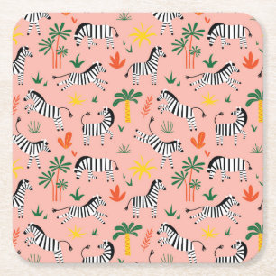 Cartoon Zebras Funny Seamless Pattern Square Paper Coaster