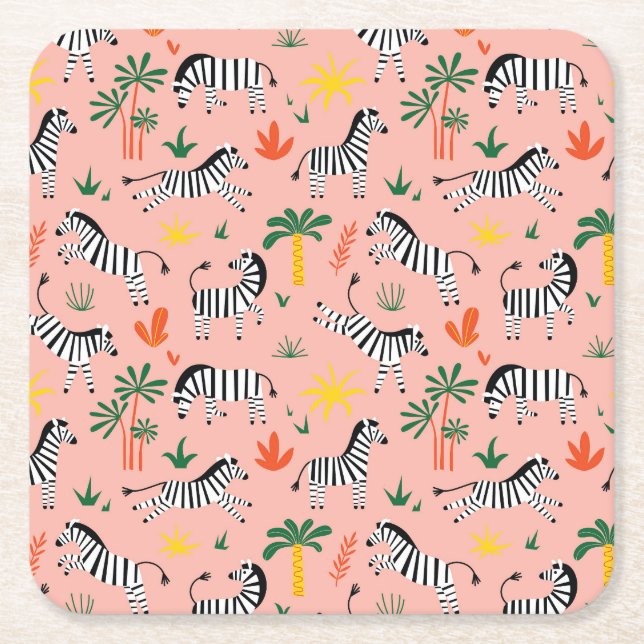 Cartoon Zebras Funny Seamless Pattern Square Paper Coaster (Front)