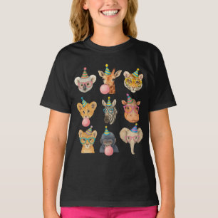 Cartoon Zoo Animals with Party Hats & Bubble Gum T-Shirt