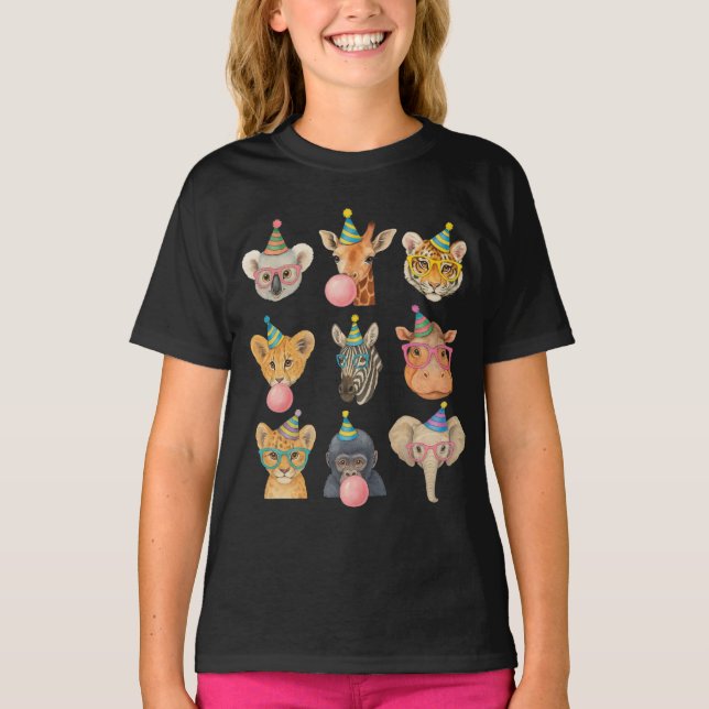 Cartoon Zoo Animals with Party Hats & Bubble Gum T-Shirt (Front)